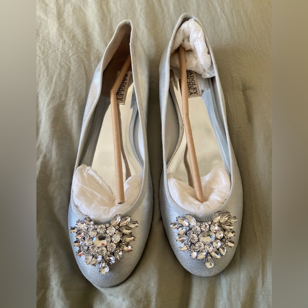 Badgley Mischka NWOB ballet flats sparkly glitter silver size 8.5 brooch cabella